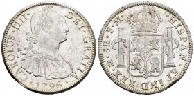 Charles IV (1788-1808). 8 reales. 1796. México. FM. (Cal 2008-695). Ag. 26,96 g. Leve defecto en el canto. Brillo original. Escasa en esta conservació...