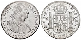 Charles IV (1788-1808). 8 reales. 1803. México. FT. (Cal 2008-699). Ag. 26,96 g. Beautiful example with plenty of original luster. AU/Almost UNC. Est....