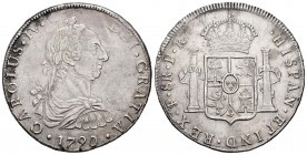 Charles IV (1788-1808). 8 reales. 1790. Potosí. PR. (Cal 2008-711). Ag. 26,86 g. Bust of Charles III and ordinal IV. Big flan. Scarce. Choice VF. Est....