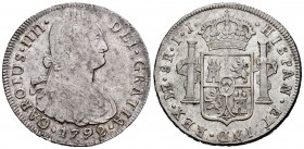 Charles IV (1788-1808). 8 reales. 1792. Lima. IJ. (Cal 2008-646). Ag. 26,94 g. Toned with some luster remaining. Almost XF. Est...300,00.