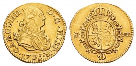 Charles IV (1788-1808). 1/2 escudo. 1795. Madrid. MF. (Cal 2008-615). Au. 1,72 g. Minimal nick on edge. Very rare. Choice VF. Est...500,00.