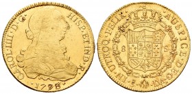 Charles IV (1788-1808). 8 escudos. 1793. Santiago. DA. (Cal 2008-152). (Cal onza-1157). Au. 27,02 g. Bust of Charles III and ordinal IIII. Defect of m...