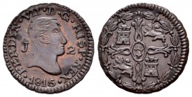 Ferdinand VII (1808-1833). 2 maravedís. 1815. Jubia. (Cal 2008-1581). Ae. 2,91 g. Attractive. Rare in this condition. AU. Est...250,00.