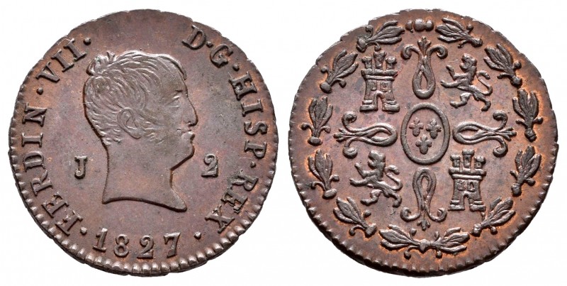 Ferdinand VII (1808-1833). 2 maravedís. 1827. Jubia. (Cal 2008-1591). Ae. 2,67 g...