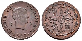 Ferdinand VII (1808-1833). 2 maravedís. 1827. Jubia. (Cal 2008-1591). Ae. 2,67 g. “Cabezón” type. Very scarce in this grade. XF/AU. Est...150,00....