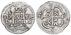 Ferdinand VII (1808-1833). 2 reales. 1821. Caracas. BS. (Cal 2008-no cita). Ag. 5,23 g. Legend “CARCAS”. The “1´s” of the date are inverted. One of th...