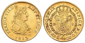 Ferdinand VII (1808-1833). 2 escudos. 1813. Madrid. GJ. (Cal 2008-207). Au. 6,67 g. Second bust. A very scarce specimen with some luster remaining. Al...