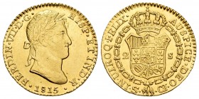 Ferdinand VII (1808-1833). 2 escudos. 1815. Sevilla. CJ. (Cal 2008-257). Au. 6,75 g. Scarce in this condition. XF. Est...400,00.