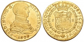 Ferdinand VII (1808-1833). 8 escudos. 1809. Lima. JP. (Cal 2008-13). (Cal onza-1211). Au. 27,00 g. Imaginary unirformed bust. Minimal planchet flaw. B...