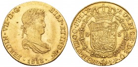 Ferdinand VII (1808-1833). 8 escudos. 1813. Lima. JP. (Cal 2008-19). (Cal onza-1218). Au. 26,97 g. Small bust. Good example. XF. Est...1600,00.