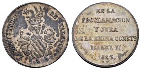 Elizabeth II (1833-1868). Medalla de proclamación y jura. 1843. Valencia. (H-21). (Vq-13429). Ag. 4,07 g. 24 mm. Irregular patina with original luster...