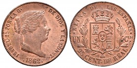 Elizabeth II (1833-1868). 25 céntimos de real. 1862. Segovia. (Cal 2008-597). Ae. 9,38 g. Great color. Original luster. Almost UNC. Est...150,00.