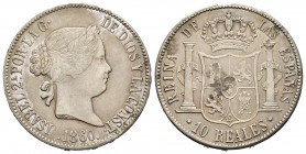 Elizabeth II (1833-1868). 10 reaes. 1860. Barcelona. (Cal 2008-212). Ag. 12,93 g. Minor oxidations on reverse. Rare. Choice VF. Est...320,00.