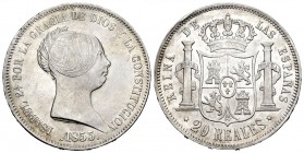 Elizabeth II (1833-1868). 20 reales. 1855. Madrid. (Cal 2008-175). Ag. 25,88 g. Minor nicks on edge. Original luster. Almost UNC. Est...420,00.