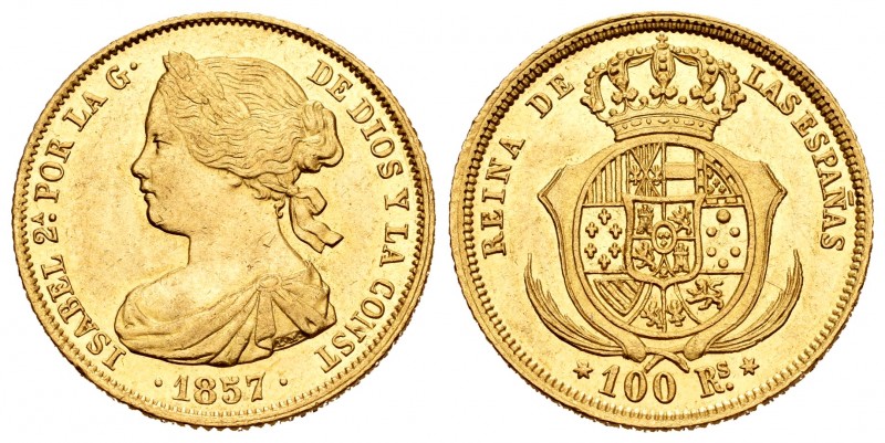 Elizabeth II (1833-1868). 100 reales. 1857. Madrid. (Cal 2008-22). Au. 8,33 g. R...