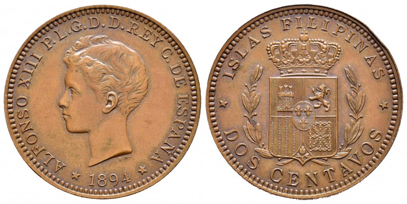 Centenary of the Peseta (1868-1931). Alfonso XIII (1886-1931). 2 centavos. 1894....