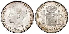 Centenary of the Peseta (1868-1931). Alfonso XIII (1886-1931). 1 peseta. 1902*19-02. Madrid. SMV. (Cal 2008-48). Ag. 5,01 g. Gorgeous specimen. Rare i...