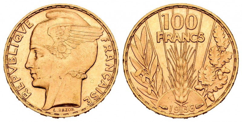 France. 100 francos Bazor. 1936. (Gad-1148). (Fried-554). Anv.:  Busto de Marian...