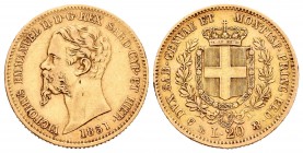 Italy. Sardinia. Vittorio Emanuele II. 20 liras. 1851. Genoa. P. (Pagani-339). (Mont-05). Au. 6,41 g. Without “F” of Ferraris below the neck. Extremel...