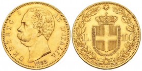 Italy. Umberto I. 100 liras. 1883. Rome. R. (Mont-3). (Fried-18). (Pagani-569). Au. 32,25 g. Minor nicks on edge, otherwise it retains some luster. Ra...