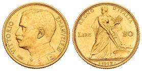 Italy. Vittorio Emanuele III. 20 liras "Aratrice". 1912. Rome. R. (Fr-28). (Km-48). Au. 6,44 g. Minor marks. Rare. Almost UNC. Est...1400,00.