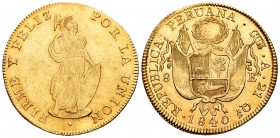 Peru. 8 escudos. 1840. Cuzco. A. (Km-148.3). Au. 26,96 g. Nice piece with original luster. XF/AU. Est...1200,00.