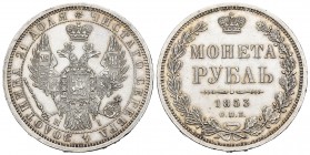 Russia. Nicholas I. 1 rublo. 1853. Saint Petesburg. HI. (Km-C168.1). (Bitkin-231). (Dav-283). Ag. 20,69 g. Light hairlines. Original luster. AU. Est.....