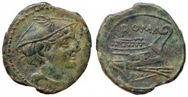 Anonime - Semuncia (215-212 a.C.) Testa di Mercurio a d. - R/ Prua a d., sopra, ROMA – Cr. 41/11 AE (g 3,65) Screpolature al bordo
BB