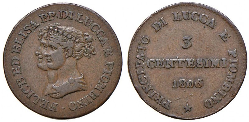 LUCCA Elisa e Felice Baciocchi (1805-1814) 3 Centesimi 1806 – Gig. 10 CU (g 5,88...