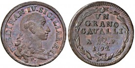 NAPOLI Ferdinando IV (1759-1799) Grano 1792 – MIR 397/8 CU (g 7,10) Graffio sulla guancia al D/ ma bellissimo esemplare in rame rosso 
FDC