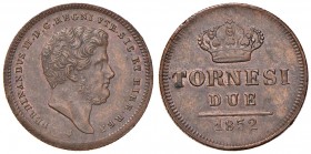 NAPOLI Ferdinando II (1830-1859) 2 Tornesi 1852 – Magliocca 740 CU (g 6,33) 
SPL+/SPL
