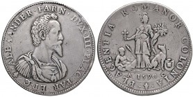 PIACENZA Alessandro Farnese (1586-1591) Doppio ducatone 1590 – MIR 1142/1 AG (g 62,68) RR Graffietti diffusi
MB+