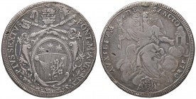 Pio VI (1775-1799) Scudo 1780 A. VI – Nomisma 35 AG (g 25,80) Traccia d’appiccagnolo, screpolature
MB