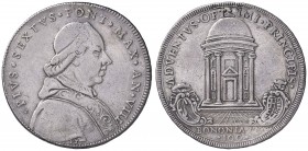 Pio VI (1774-1799) Bologna – Scudo romano 1782 A. VIII – Munt. 197 AG (g 26,20) Foro otturato (?) e piccolo restauro al bordo
BB