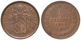 Pio IX (1846-1878) Mezzo baiocco 1851 A. V – CU (g 5,00) Zone di rame rosso
qFDC