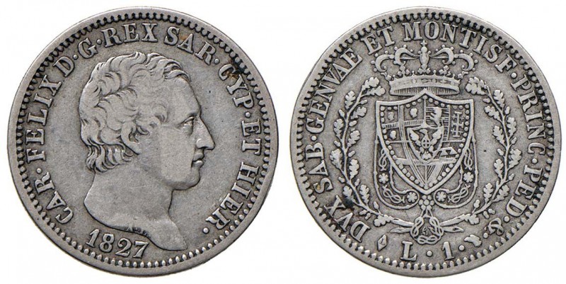 Carlo Felice (1821-1831) Lira 1827 T – Nomisma 593 AG In lotto con 3 Centesimi 1...