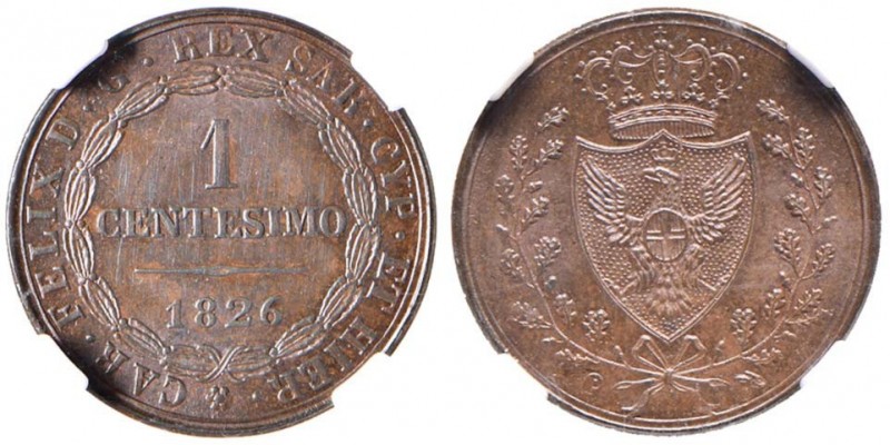 Carlo Felice (1821-1831) Centesimo 1826 T (P) – Nomisma 621 CU In slab NGC MS63B...