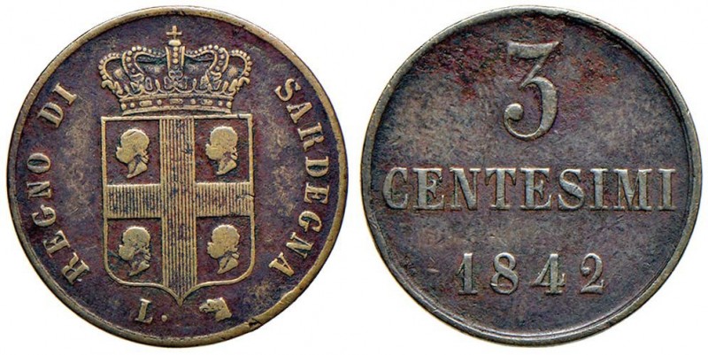 Carlo Alberto (1831-1849) 3 Centesimi 1842 T per la Sardegna – Nomisma 739 CU RR...