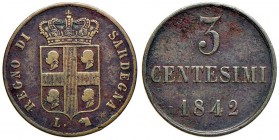 Carlo Alberto (1831-1849) 3 Centesimi 1842 T per la Sardegna – Nomisma 739 CU RR Leggermente scodellato
BB+