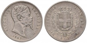 Vittorio Emanuele II re eletto (1859-1861) Lira 1859 B – Nomisma 829 AG R Piccola mancanza sul collo al D/
BB/BB+