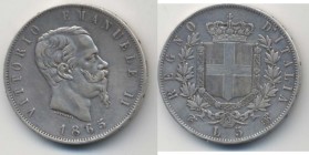 Vittorio Emanuele II (1861-1878) 5 Lire 1865 Torino – Nomisma 882 AG R Graffietti diffusi
MB