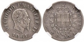 Vittorio Emanuele II (1861-1878) 50 Centesimi 1861 F – Nomisma 919 AG RR In slab NGC XF45 4246406-009 
MB+