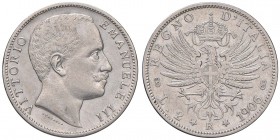 Vittorio Emanuele III (1900-1946) 2 Lire 1906 – Nomisma 1156; Pag. 730 AG Leggere striatura sulla guancia al D/
BB+