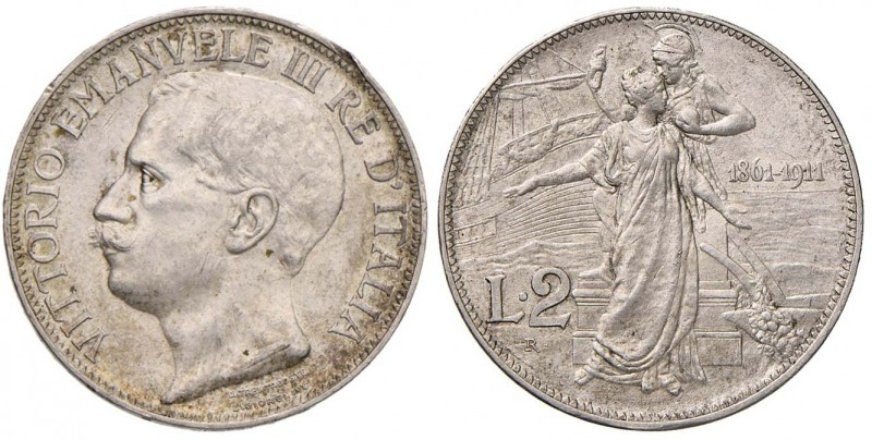 Vittorio Emanuele III (1900-1946) 2 Lire 1911 Cinquantenario – Nomisma 1162 AG C...