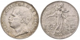 Vittorio Emanuele III (1900-1946) 2 Lire 1911 Cinquantenario – Nomisma 1162 AG Colpo o difetto al ciglio del D/
SPL+