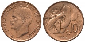 Vittorio Emanuele III (1900-1946) 10 Centesimi 1920 – Nomisma 1311 CU Rame rosso
FDC