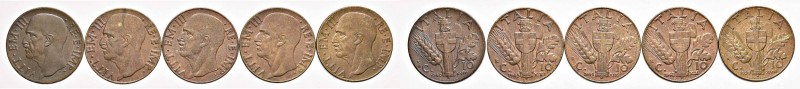 Vittorio Emanuele III (1900-1946) 10 Centesimi 1939-1943 – BR Lotto di cinque mo...