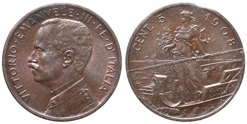 Vittorio Emanuele III (1900-1946) 5 Centesimi 1908 – Nomisma 1340 CU R Sigillato...