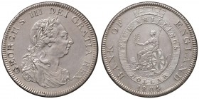 INGHILTERRA George III (1760-1820) Dollar of 5 Shillings 1804 – Spink 3768; KM-Tn1 AG (g 27,00) Colpetti al bordo, macchia al R/
SPL