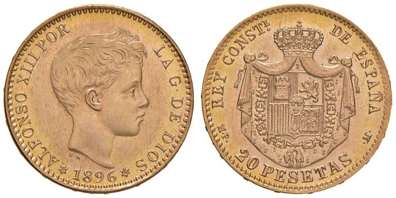SPAGNA Alfonso XIII 20 Pesetas 1896 (19-62) riconio – Fr. 348R AU (g 6,49)
FDC...